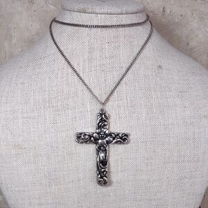 Floral/Scrollwork Silvertone Cross Necklace